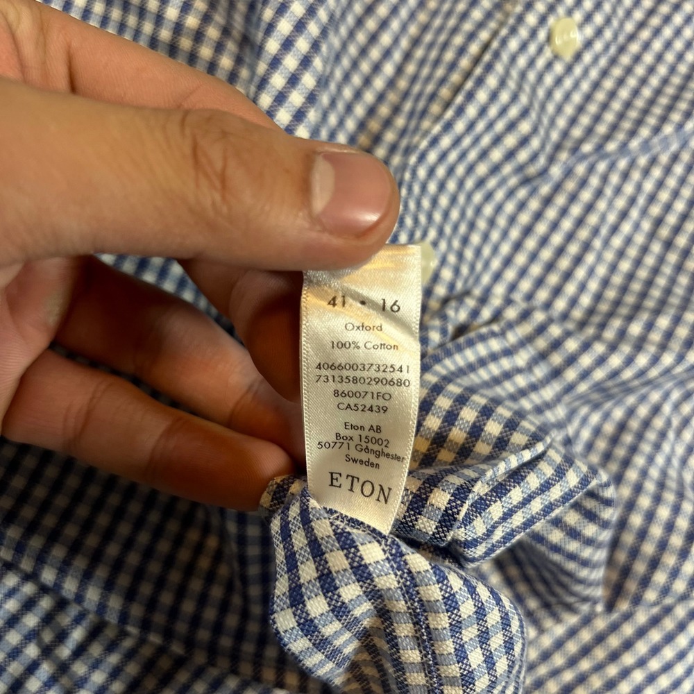 Eton Dress Shirt Mens 16/41 Blue Gingham Check Contemporary Fit Oxford - Picture 6 of 9